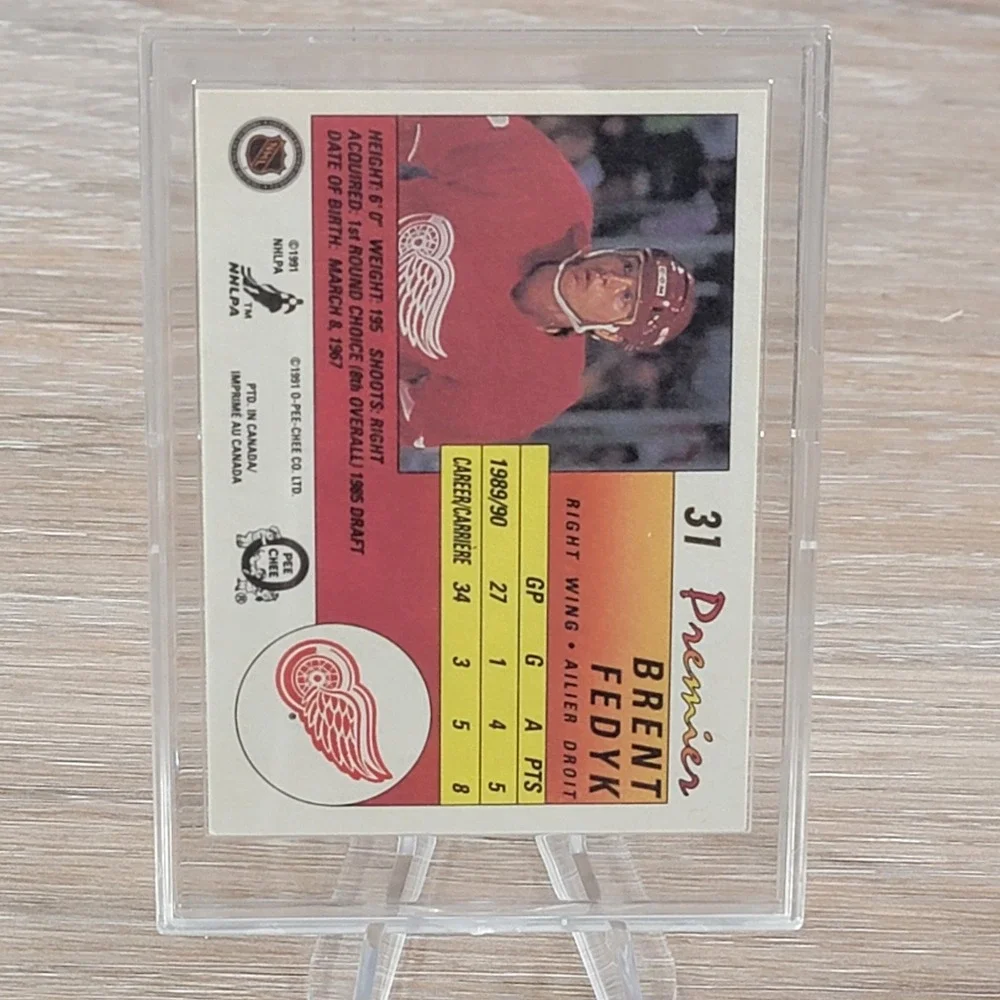 Brent Fedyk O Pee Chee Premier 1991 NHL Hockey Card Autographed Red Wings